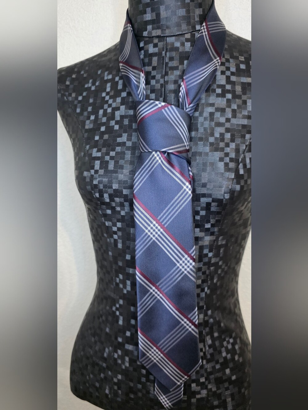 Michael Kors Navy Plaid Tie with Red and White Accent Stripes